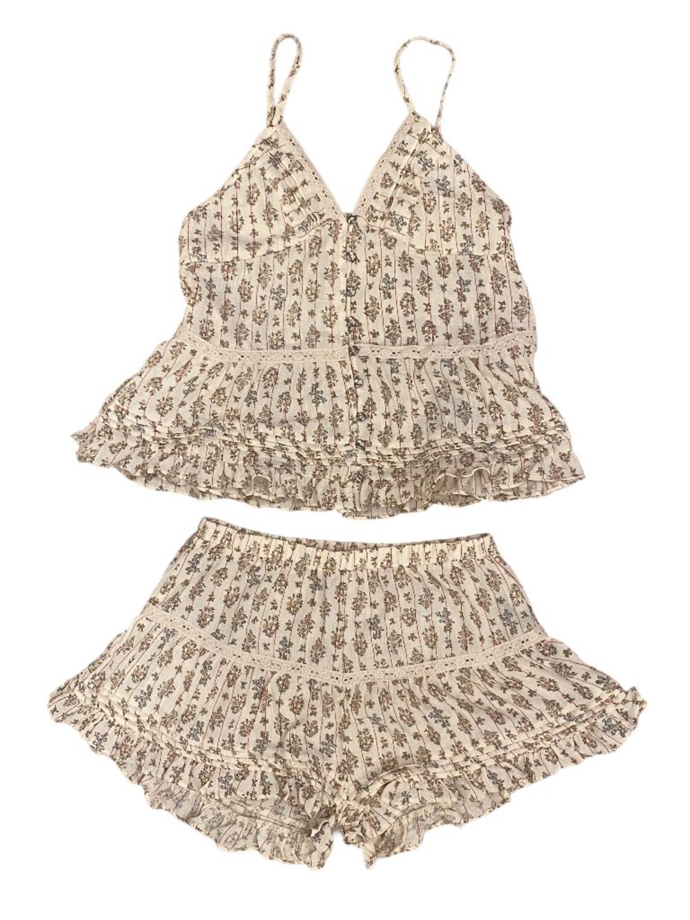 POL Clothing Floral Ruffle Pintuck Shorts & Cami Tank Set S Cottagecore Boho